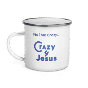White enamel Christian mug with a silver rim — ideal for travel, outdoor devotions, or rustic kitchen vibes