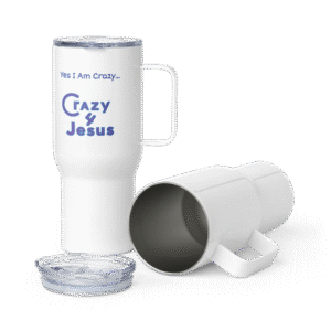 Stainless steel travel mug with a black handle and a scripture-inspired design — ideal for on-the-go believers